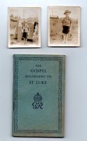 WW2 GOSPEL OF ST. LUKE plus 2  SNAPS BOY IN FRONT OF SHELTER